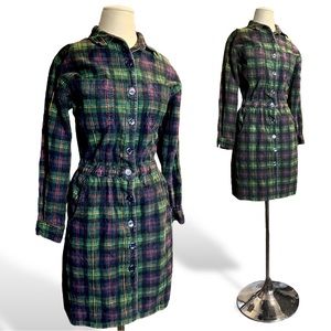 90s Vintage Grunge Plaid Corduroy Long Sleeve Button Down Shirt Dress FADS S/M